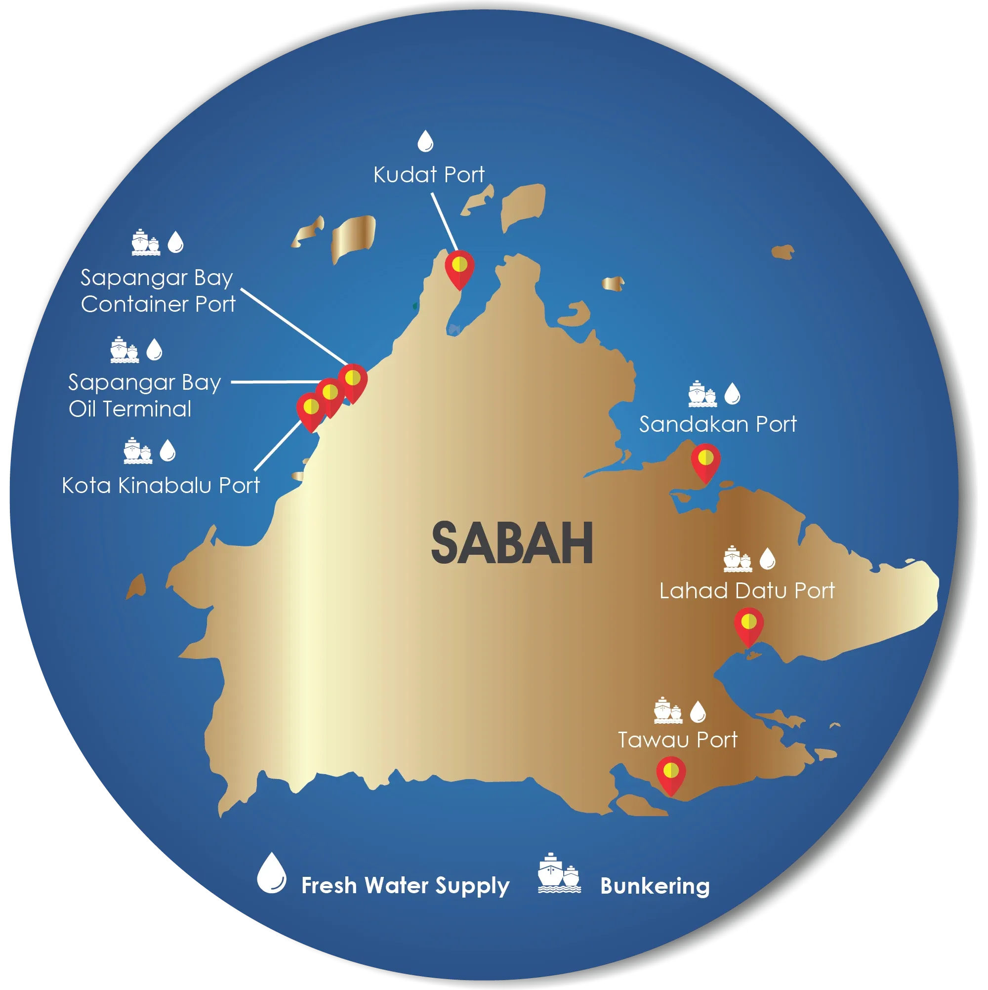 Map of Sabah showing the ports of Kudat, Sapangar Bay, Kota Kinabalu, Sandakan, Lahad Datu and Tawau